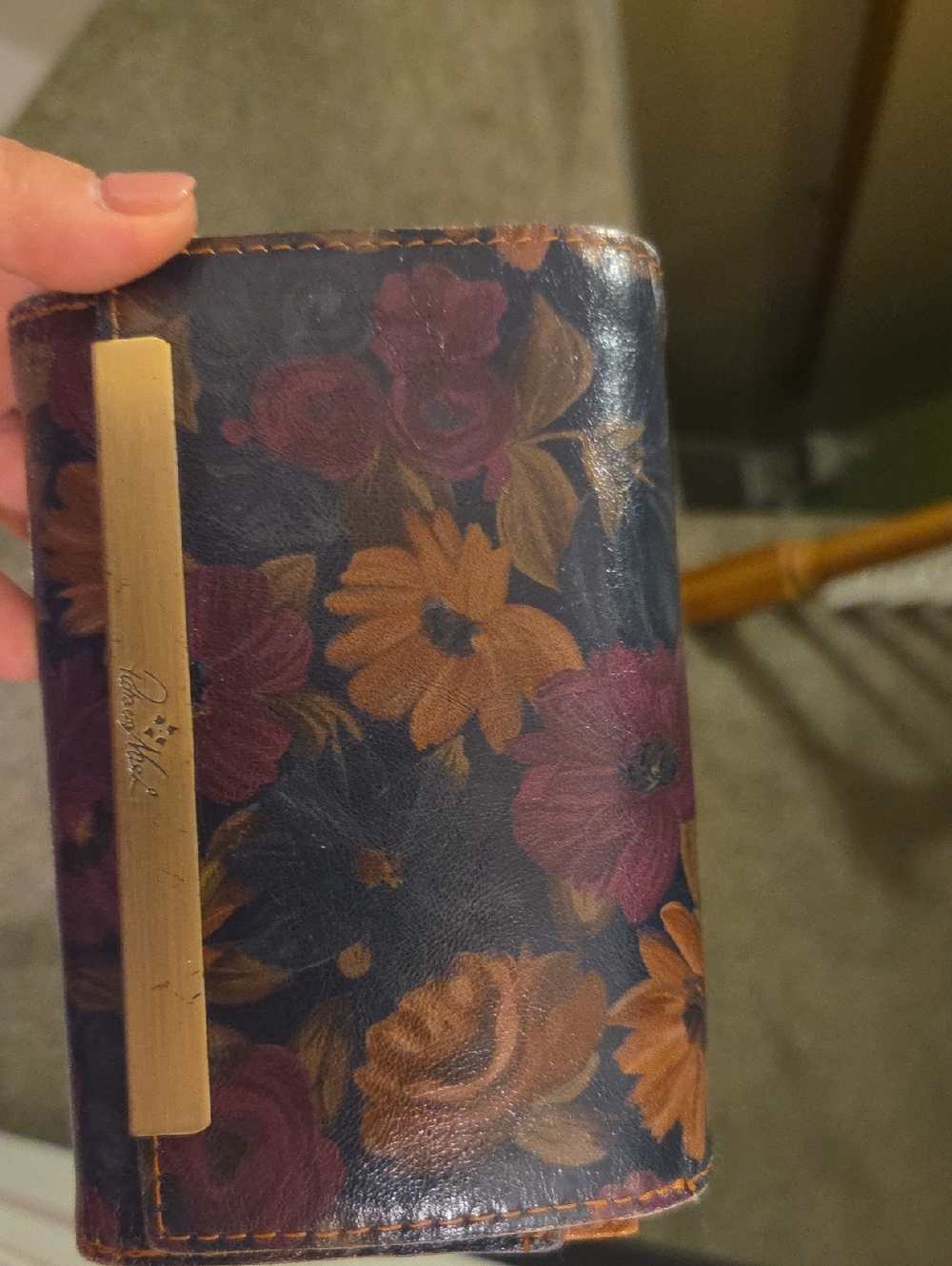 Floral Leather Trifold Wallet with Gold Accent - Navy, Brown & Purple
